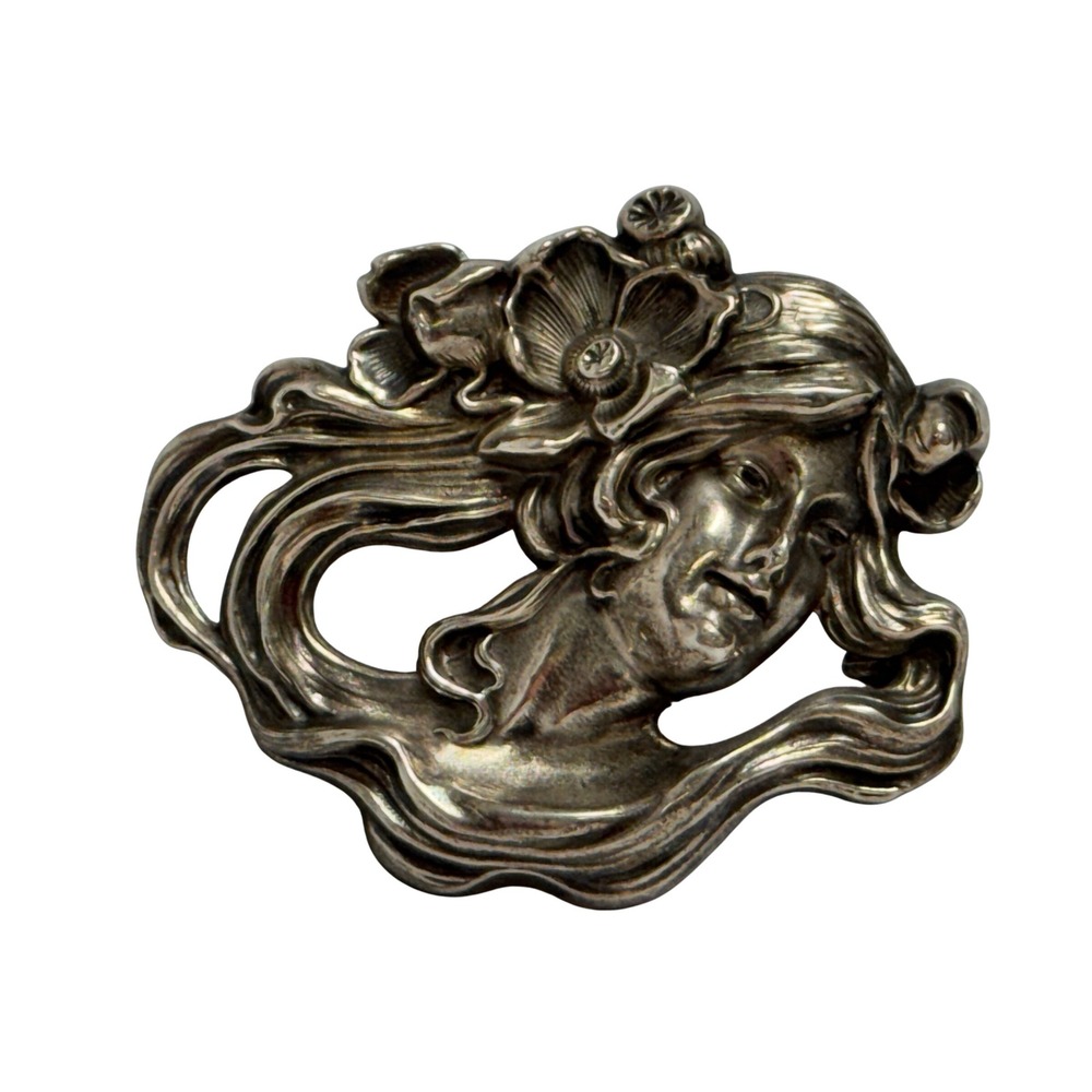 William Kerr Art Nouveau Sterling Silver lady hair flowing Pin Vtg 1297 signed